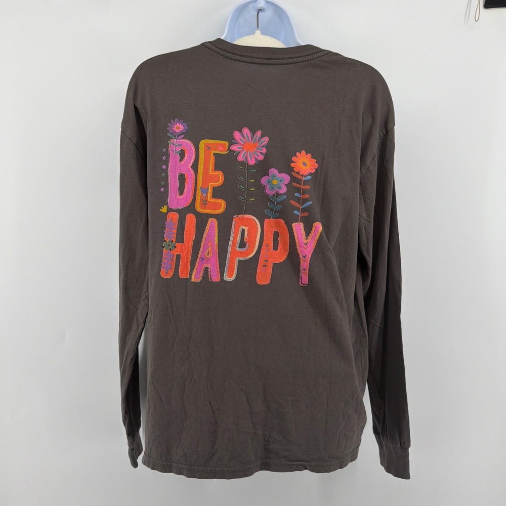 Natural Life Be Happy Floral Graphic Long Sleeve Tee Medium Charcoal Gray Boho
